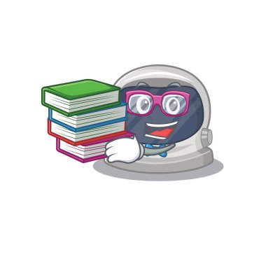 Astronot miğferi, maskot tasarımı ve kitapları olan çalışkan bir öğrenci.