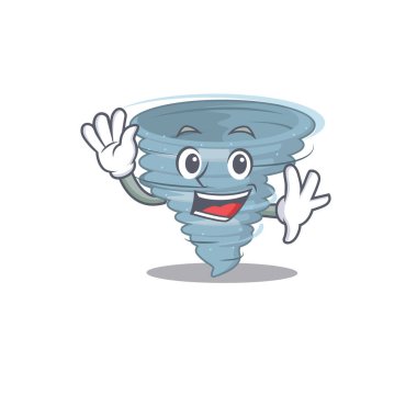 Karizmatik bir kasırga maskotu tasarımı gülümseme ve el sallama