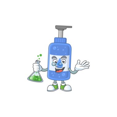 Handsanitizer dehası Profesör Çizgi Film karakteri elinde cam tüp tutuyor. Vektör illüstrasyonu