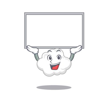 Beyaz bulutun maskot tasarımı bir tahtayı kaldırır