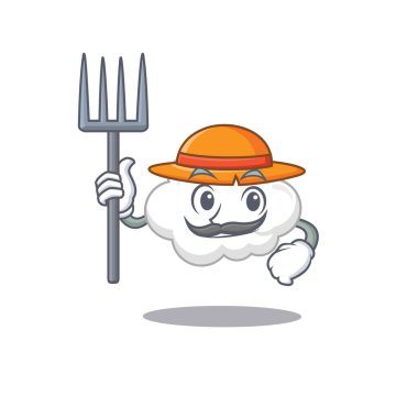 Beyaz bulutun çizgi film karakteri tasarımı Şapkası ve yabası olan bir çiftçi