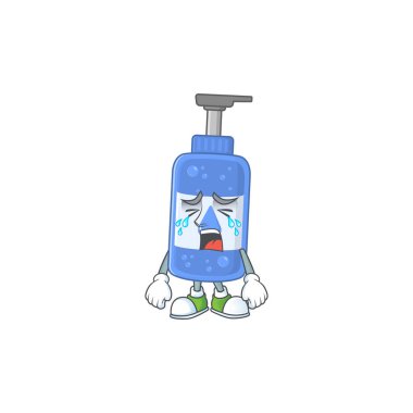 Ağlayan bir el dezenfektanı çizgi film karakteri konsepti. Vektör illüstrasyonu