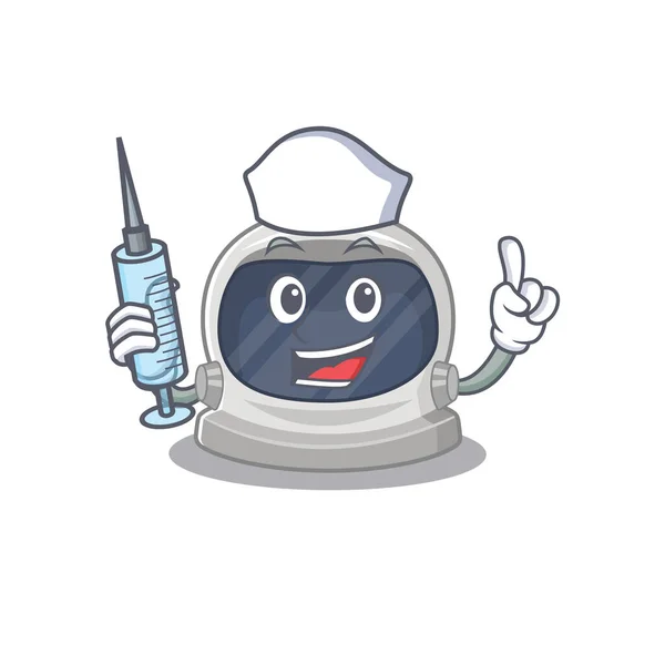 Una bonita enfermera del concepto de diseño de la mascota del casco del astronauta con una jeringa — Vector de stock