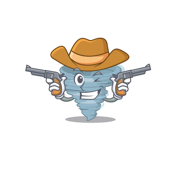 Cute handsome cowboy of tornado cartoon character with guns — Stock Vector