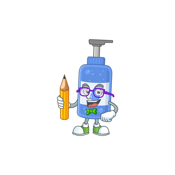 Handsanitizer Student Cartoon Karakter Studeren Met Potlood Vectorillustratie — Stockvector