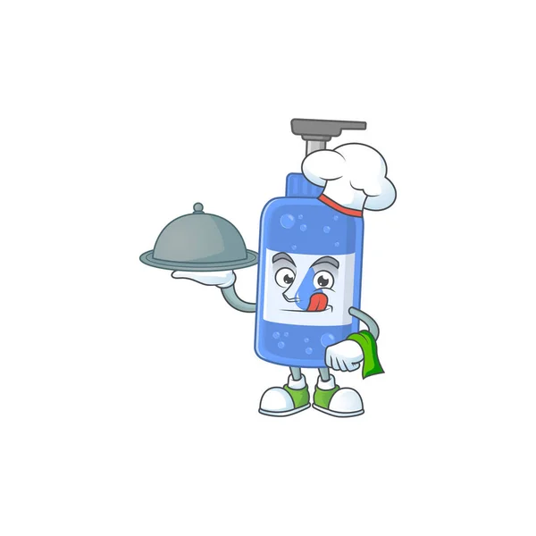 Diseño Dibujos Animados Chef Desinfectante Manos Con Sombrero Bandeja Ilustración — Vector de stock