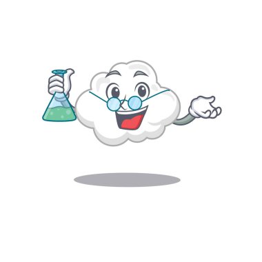 Beyaz bulut akıllı Profesör Çizgi film tasarım stili cam tüple çalışıyor