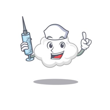 Beyaz bulut maskotu tasarımlı, şırıngalı güzel bir hemşire.