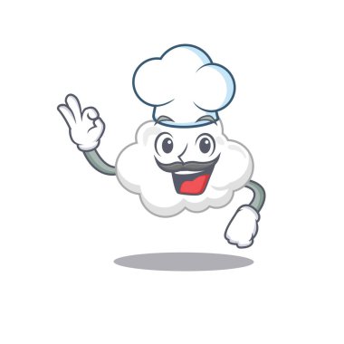 Beyaz bulut şefi çizgi film tasarımı tarzı beyaz şapka giyiyor.