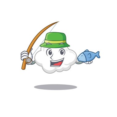 Balık tutarken beyaz bulut çizgi film tasarımı kavramı. Vektör illüstrasyonu