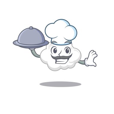 Tepside yemek servisi yapan beyaz bulut şefi çizgi film karakteri. Vektör illüstrasyonu