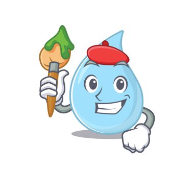 Fırçalı yaratıcı bir yağmur damlası ressamı maskot tasarımı. Vektör illüstrasyonu