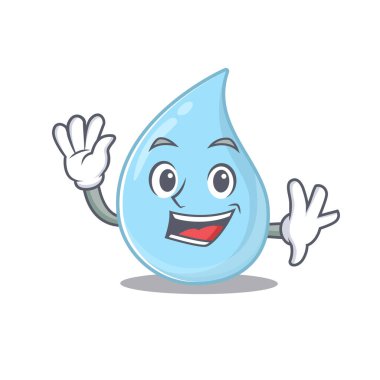 Karizmatik bir yağmur damlası maskotu tasarımı gülümseme ve el sallama. Vektör illüstrasyonu