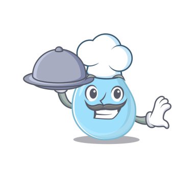 Yağmur damlası şef çizgi film karakteri tepside yemek servisi yapıyor. Vektör illüstrasyonu