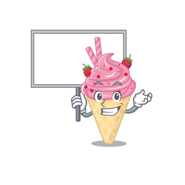 Çilekli dondurma maskot tasarımının bir simgesi bir tahta getiriyor. Vektör illüstrasyonu