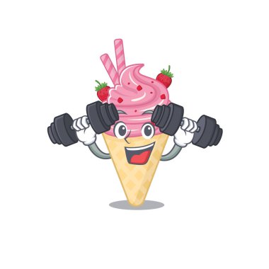 Gülümseyen Fitness egzersizinin maskot tasarımı çilekli dondurma, halterleri kaldırır. Vektör illüstrasyonu