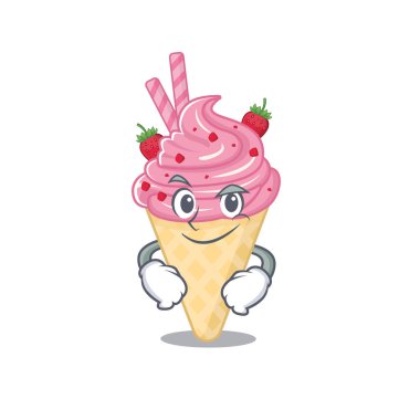 Çilekli dondurmanın maskot tasarımı, kendinden emin bir jest.