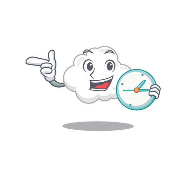 白い雲のマスコットのデザインコンセプトは、時計と笑顔 — ストックベクタ