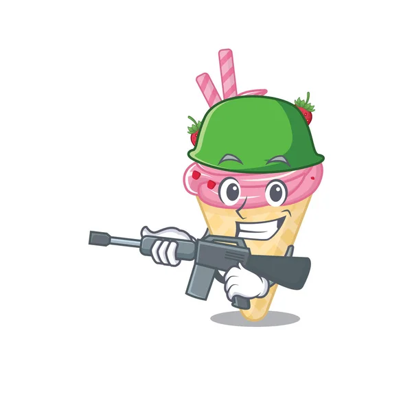 Cartoon Picture Strawberry Ice Cream Army Style Machine Gun Vector — Stock Vector