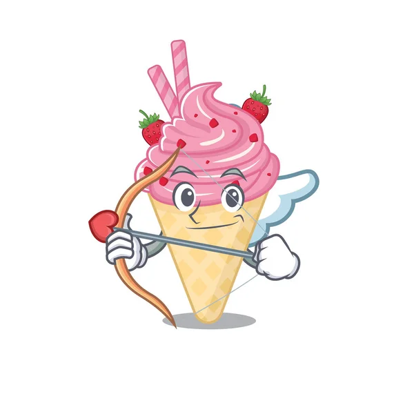 Strawberry Ice Cream Cupid Cartoon Character Arrow Wings Vector Illustration — Stock Vector