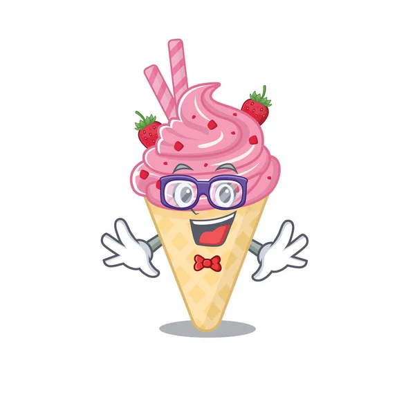 Stile Design Mascotte Gelato Alla Fragola Geek Con Occhiali Illustrazione — Vettoriale Stock