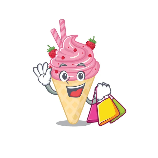 Ricco e famoso personaggio dei cartoni animati di gelato alla fragola con borse della spesa — Vettoriale Stock