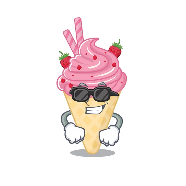 Personagem legal de desenho animado de sorvete de morango usando óculos pretos caros —  Vetores de Stock