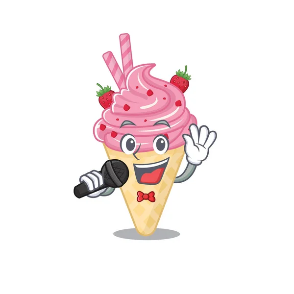 Talentuoso cantante di fragola gelato personaggio dei cartoni animati in possesso di un microfono — Vettoriale Stock