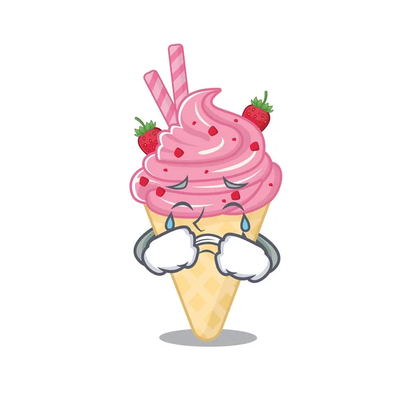 Disegno del personaggio dei cartoni animati di gelato alla fragola con una faccia piangente — Vettoriale Stock