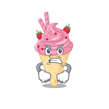 Kızgın yüzlü çilekli dondurma maskot tasarımı konsepti