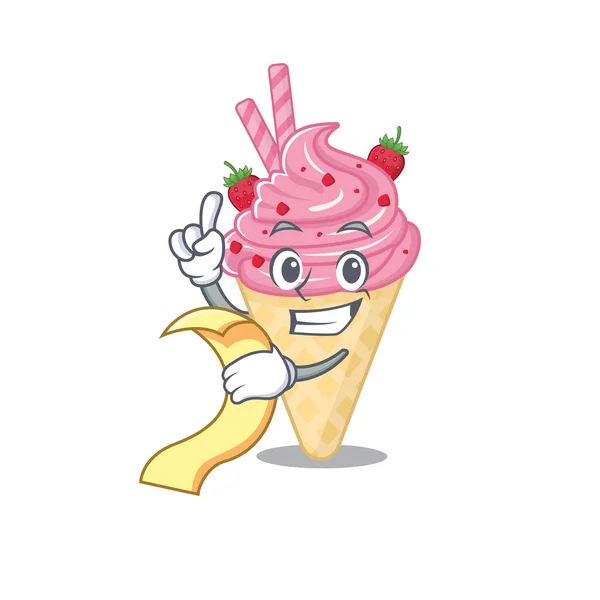 Disegno del personaggio della mascotte del gelato alla fragola con un menu sulla mano — Vettoriale Stock