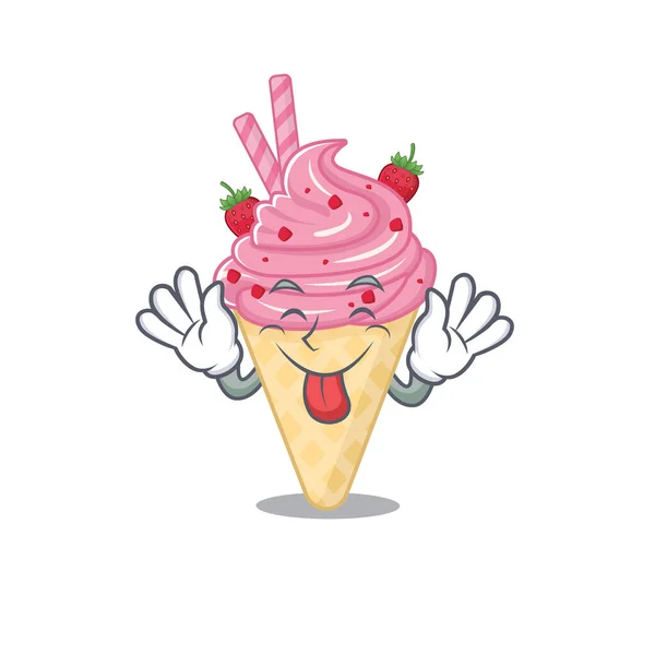 Un disegno divertente del fumetto del gelato della fragola della faccia con la lingua fuori — Vettoriale Stock