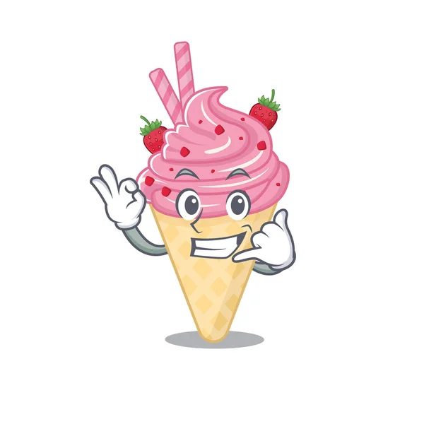 Diseño de dibujos animados de helado de fresa con llámame gesto divertido — Vector de stock