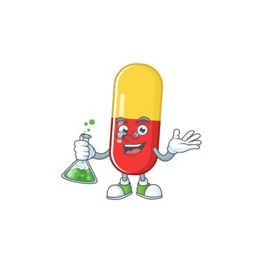 Kırmızı sarı kapsüller dahi Profesör Çizgi Film karakteri elinde cam tüp tutuyor. Vektör illüstrasyonu