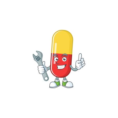 Mekanik kırmızı kapsüller maskot karakteri bozuk bir makineyi tamir eder. Vektör illüstrasyonu