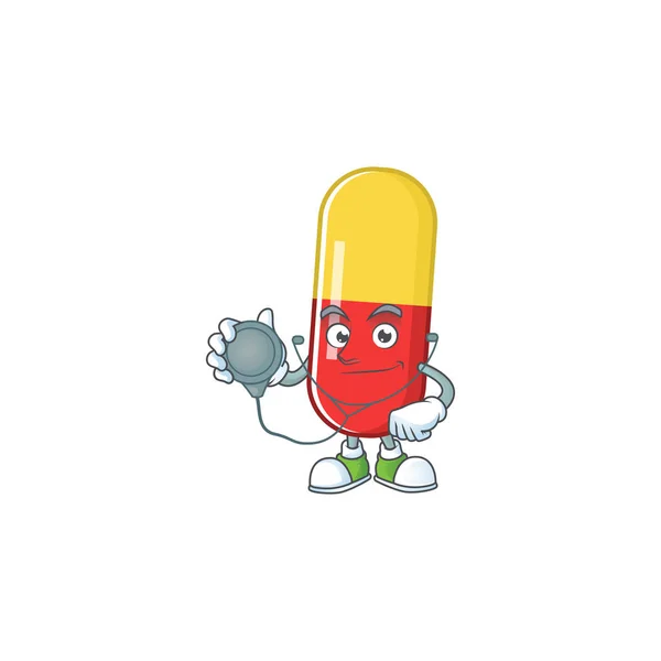 Dedicated Doctor Red Yellow Capsules Cartoon Character Stethoscope Vector Illustration — Stock Vector