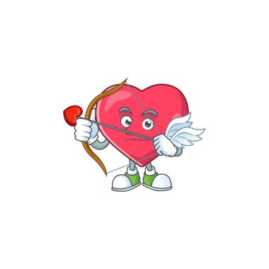 Kalp tıbbi tebliğlerinin büyüleyici bir resmi. Aşk tanrısı maskot tasarımı, ok ve kanatlı. Vektör illüstrasyonu