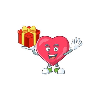 Büyüleyici kalp tıbbi bilgilendirme maskotu tasarımında kırmızı bir hediye kutusu var. Vektör illüstrasyonu