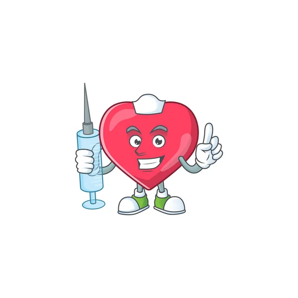 Friendly Nurse Heart Medical Notification Mascot Design Style Using Syringe — Stock Vector