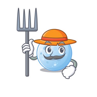 Mavi ayın çizgi film karakteri tasarımı Şapkası ve yabası olan bir çiftçi