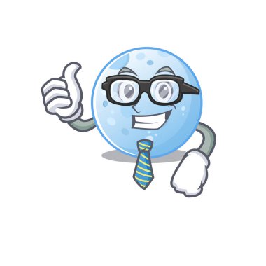 Zarif bir mavi ay iş adamı maskotu tasarımı gözlük ve kravat takıyor.