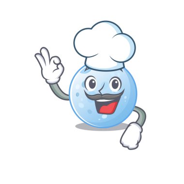 Mavi ay aşçısı çizgi film tasarımı tarzı beyaz şapka giyiyor.