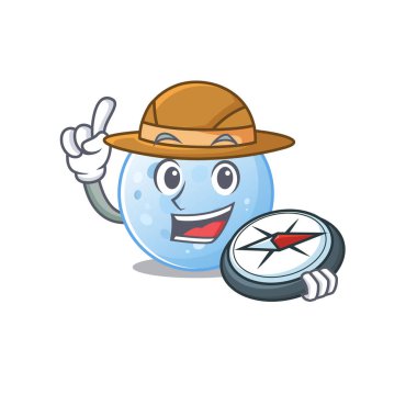 Maskot tasarımı konsepti. Elinde pusula olan mavi ay kaşifi. Vektör illüstrasyonu