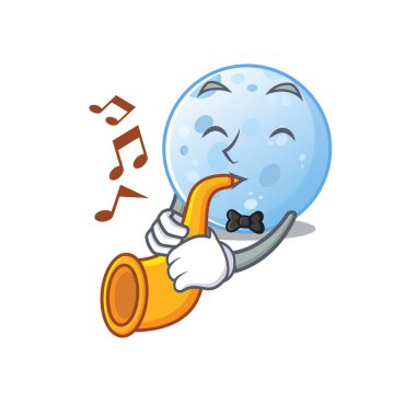 Mavi Ay çizgi film tasarımında trompet çalan yetenekli bir müzisyen. Vektör illüstrasyonu