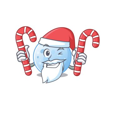 Santa Cartoon karakterindeki dost canlısı mavi ay, Noel şekeri barındırıyor. Vektör illüstrasyonu
