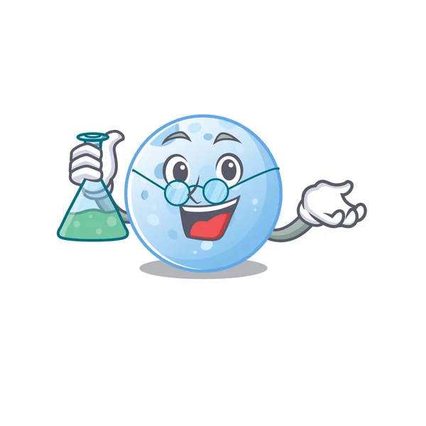 Lua azul inteligente Professor Desenhos animados estilo de design trabalhando com tubo de vidro — Vetor de Stock