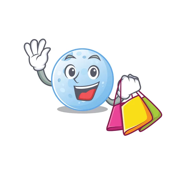 Rico e famoso personagem de desenho animado lua azul segurando sacos de compras — Vetor de Stock