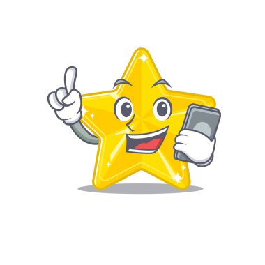 Parlak yıldız çizgi film karakteri telefonda konuşuyor. Vektör illüstrasyonu