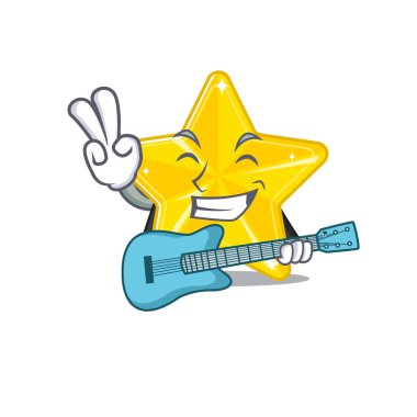 Parlak yıldız çizgi film tasarımında gitar çalan yetenekli bir müzisyen. Vektör illüstrasyonu