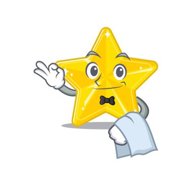 Restoranda çalışan parlak yıldızlı bir garsonun çizgi film karakteri. Vektör illüstrasyonu